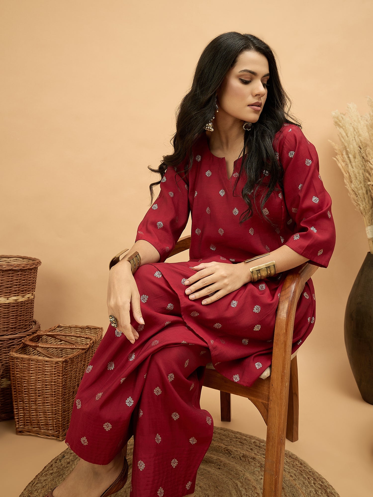 Barn Red Foil Pplm Kurti Salwar Set (To be dispatched in 7 -10 days)