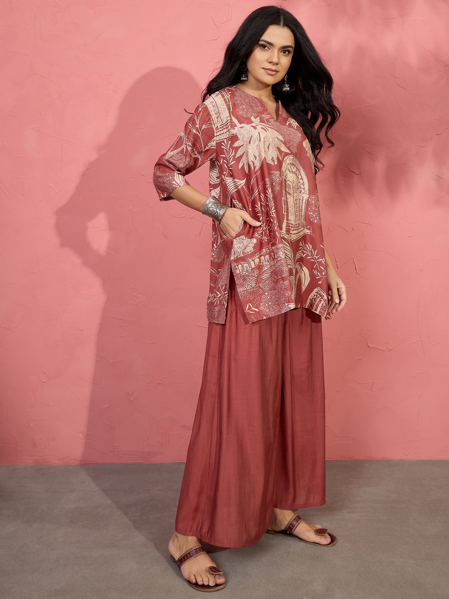 Dull Rust Beige V Short Kurti Set (To be dispatched in 7 -10 days)