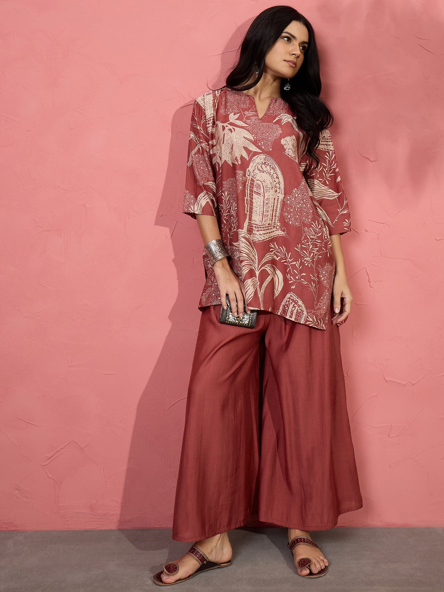 Dull Rust Beige V Short Kurti Set (To be dispatched in 7 -10 days)