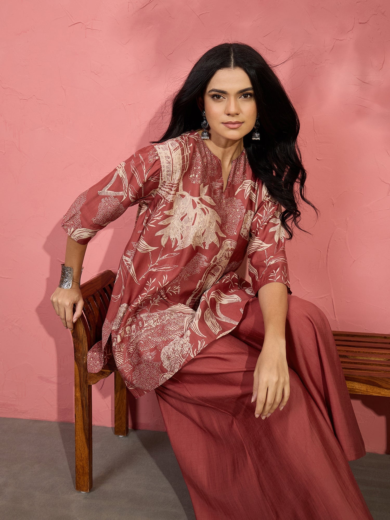 Dull Rust Beige V Short Kurti Set (To be dispatched in 7 -10 days)