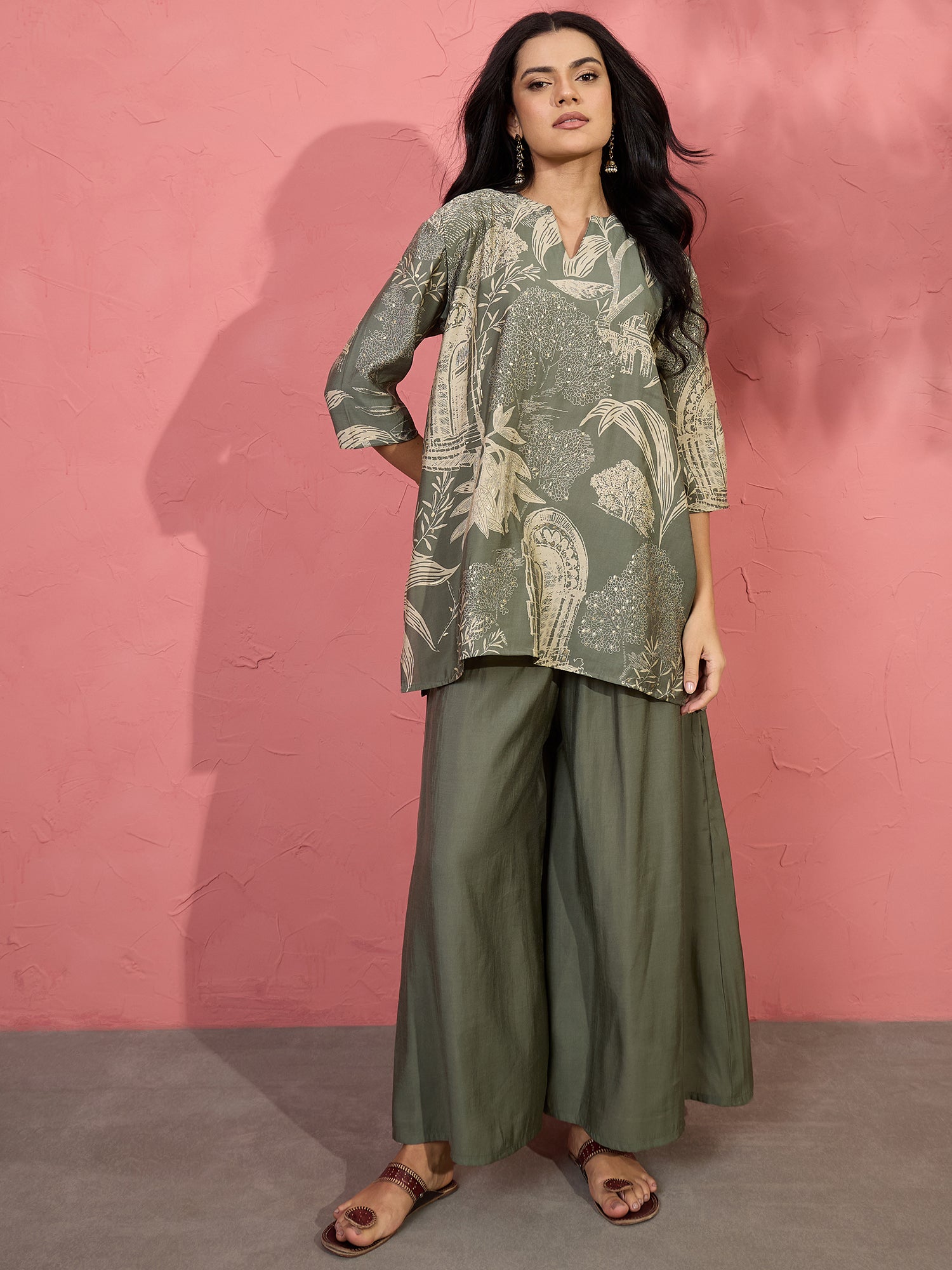 Fern Green Beige V Short Kurti Set (To be dispatched in 7 -10 days)