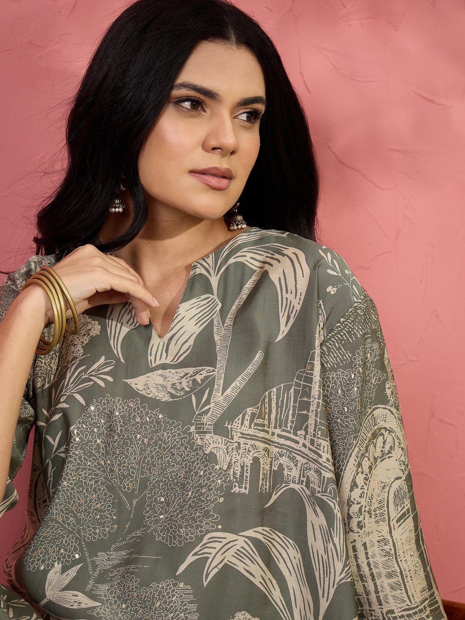 Fern Green Beige V Short Kurti Set (To be dispatched in 7 -10 days)