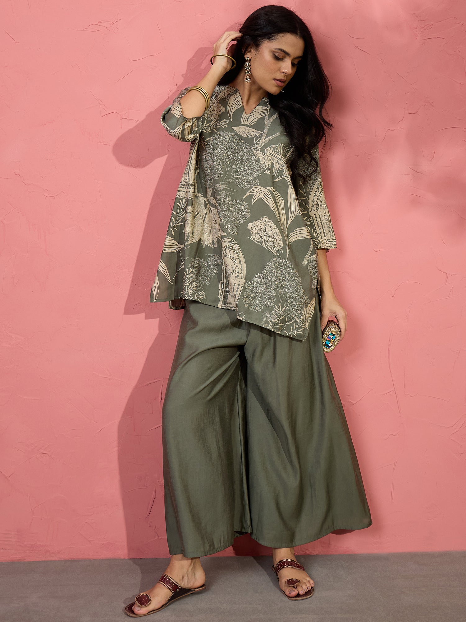 Fern Green Beige V Short Kurti Set (To be dispatched in 7 -10 days)