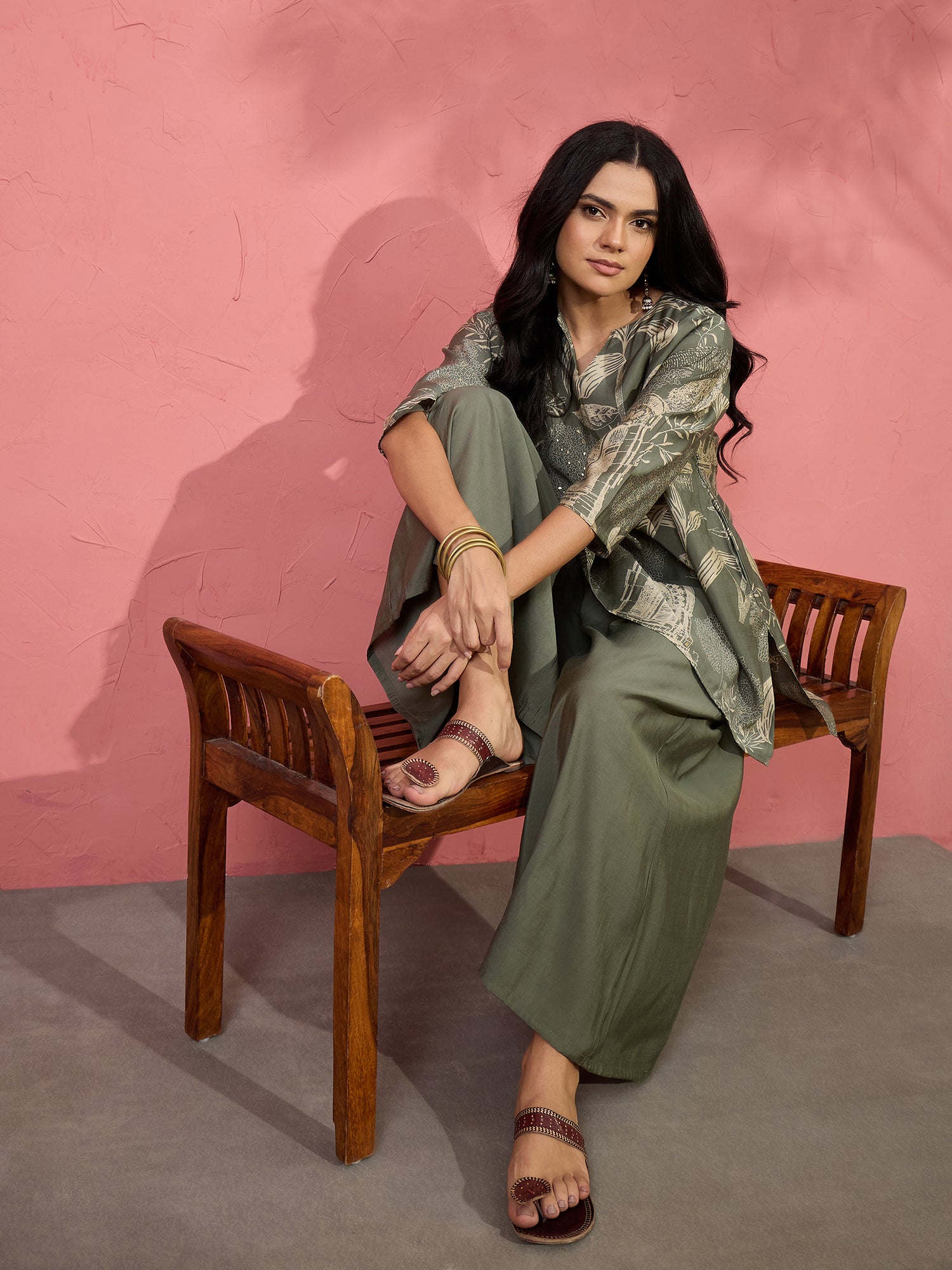 Fern Green Beige V Short Kurti Set (To be dispatched in 7 -10 days)