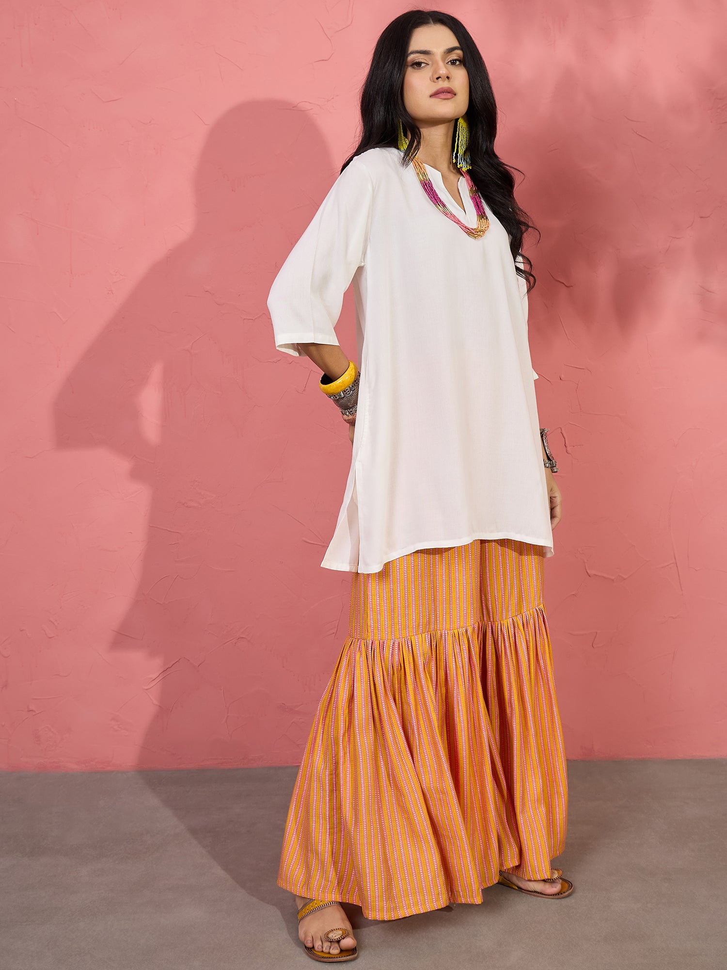 White V Short Kurti Mustard Sharara Set (To be dispatched in 7 -10 days)