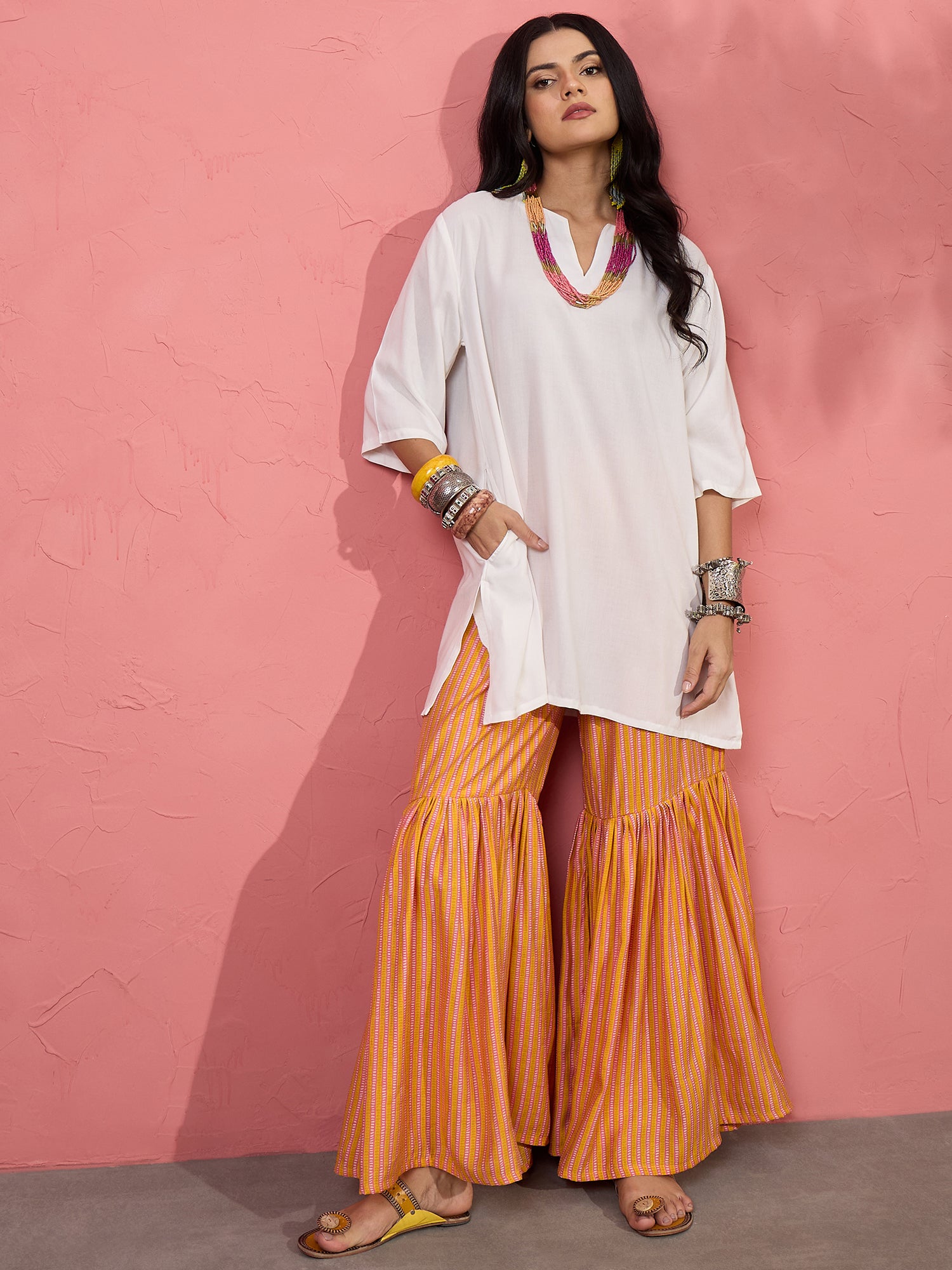 White V Short Kurti Mustard Sharara Set (To be dispatched in 7 -10 days)