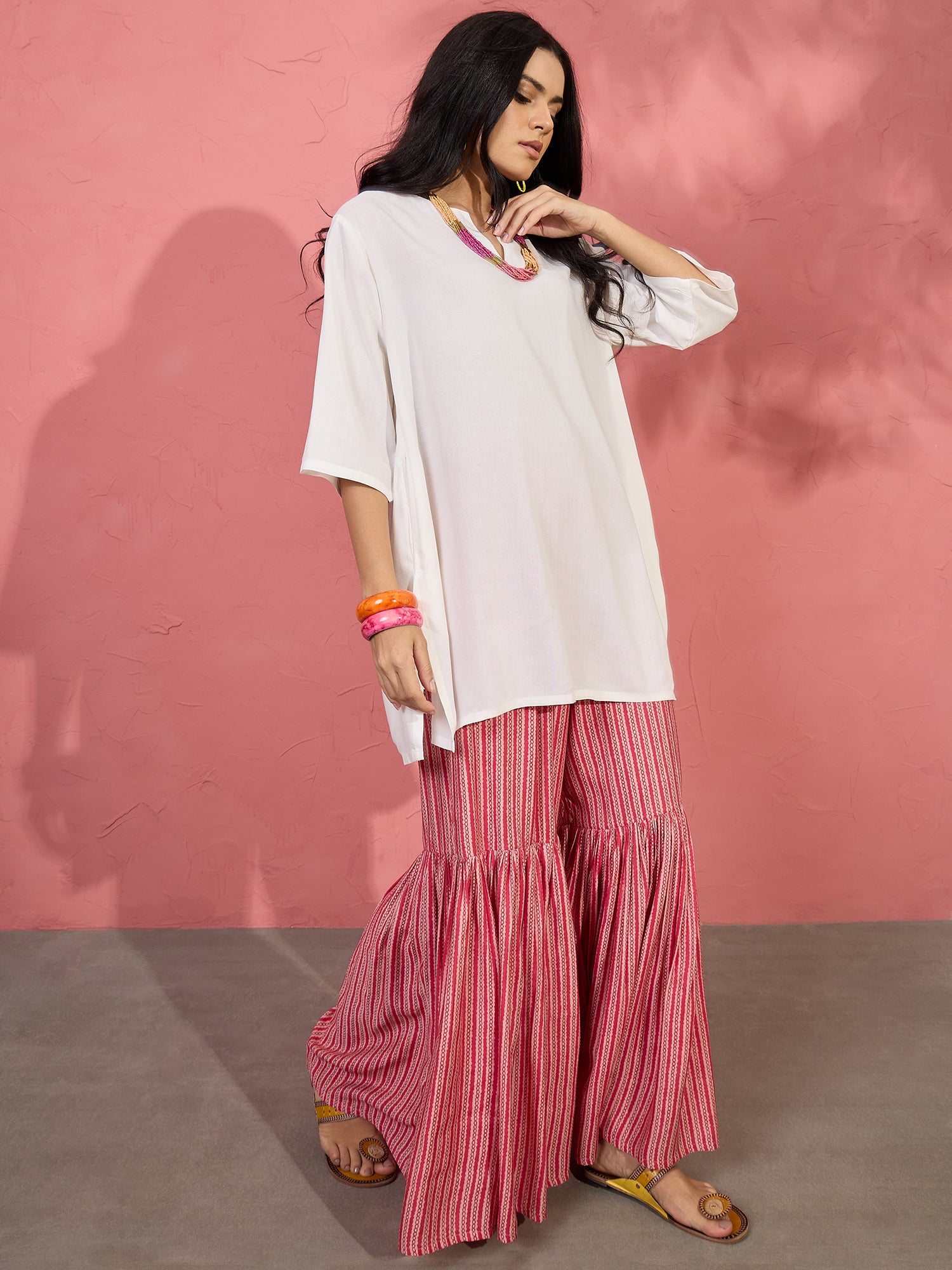 White V Short Kurti Pink Sharara Set (To be dispatched in 7 -10 days)