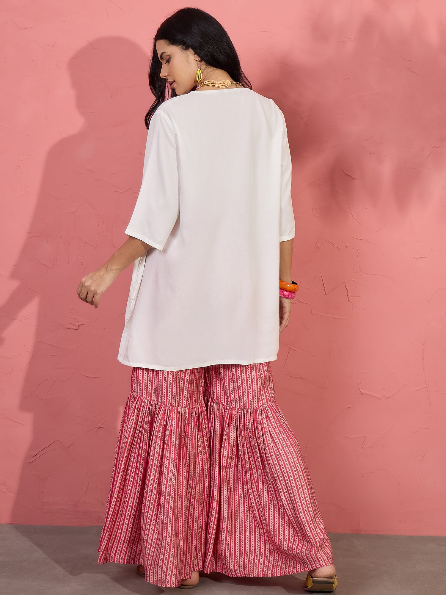 White V Short Kurti Pink Sharara Set (To be dispatched in 7 -10 days)