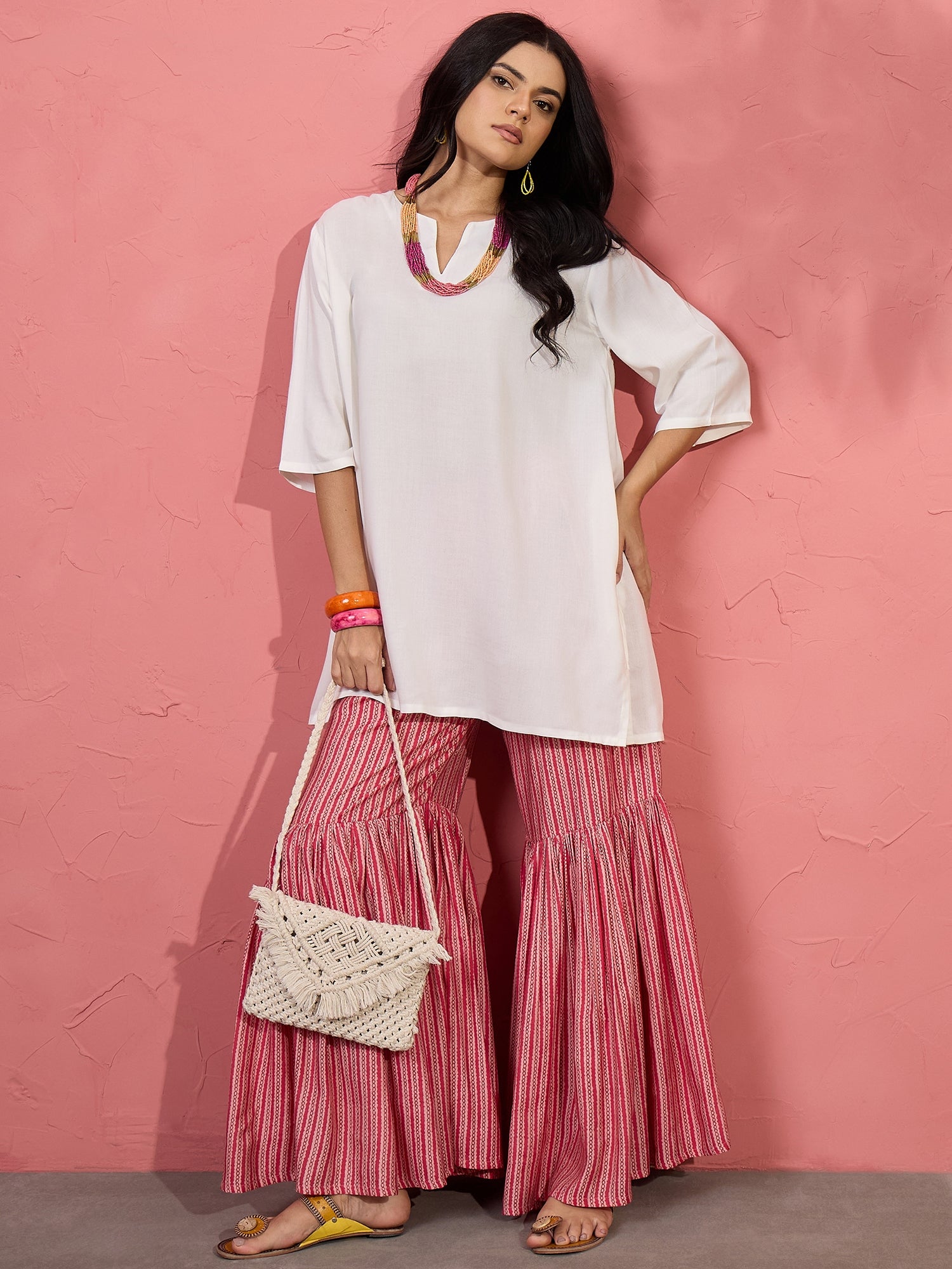 White V Short Kurti Pink Sharara Set (To be dispatched in 7 -10 days)