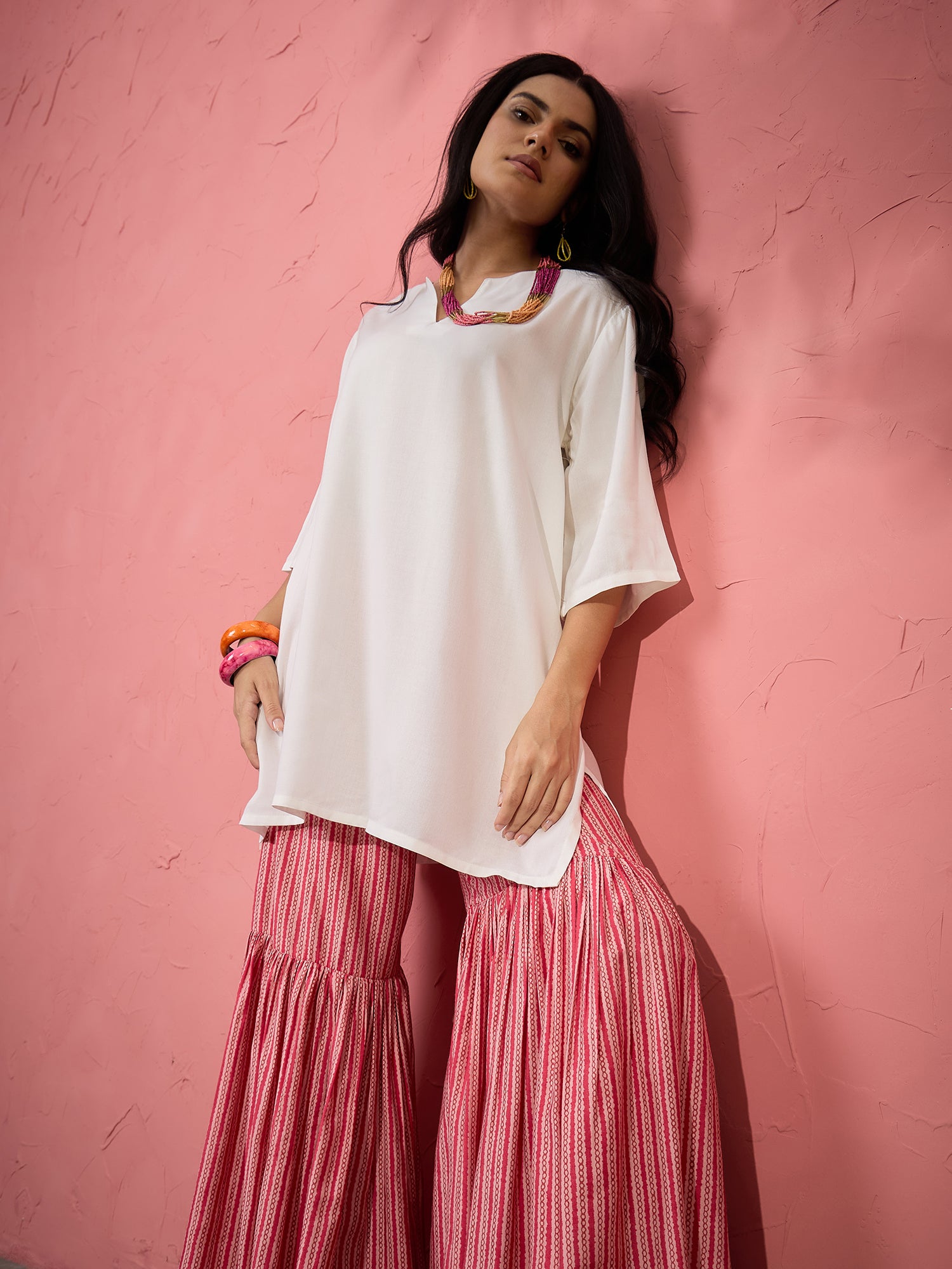 White V Short Kurti Pink Sharara Set (To be dispatched in 7 -10 days)