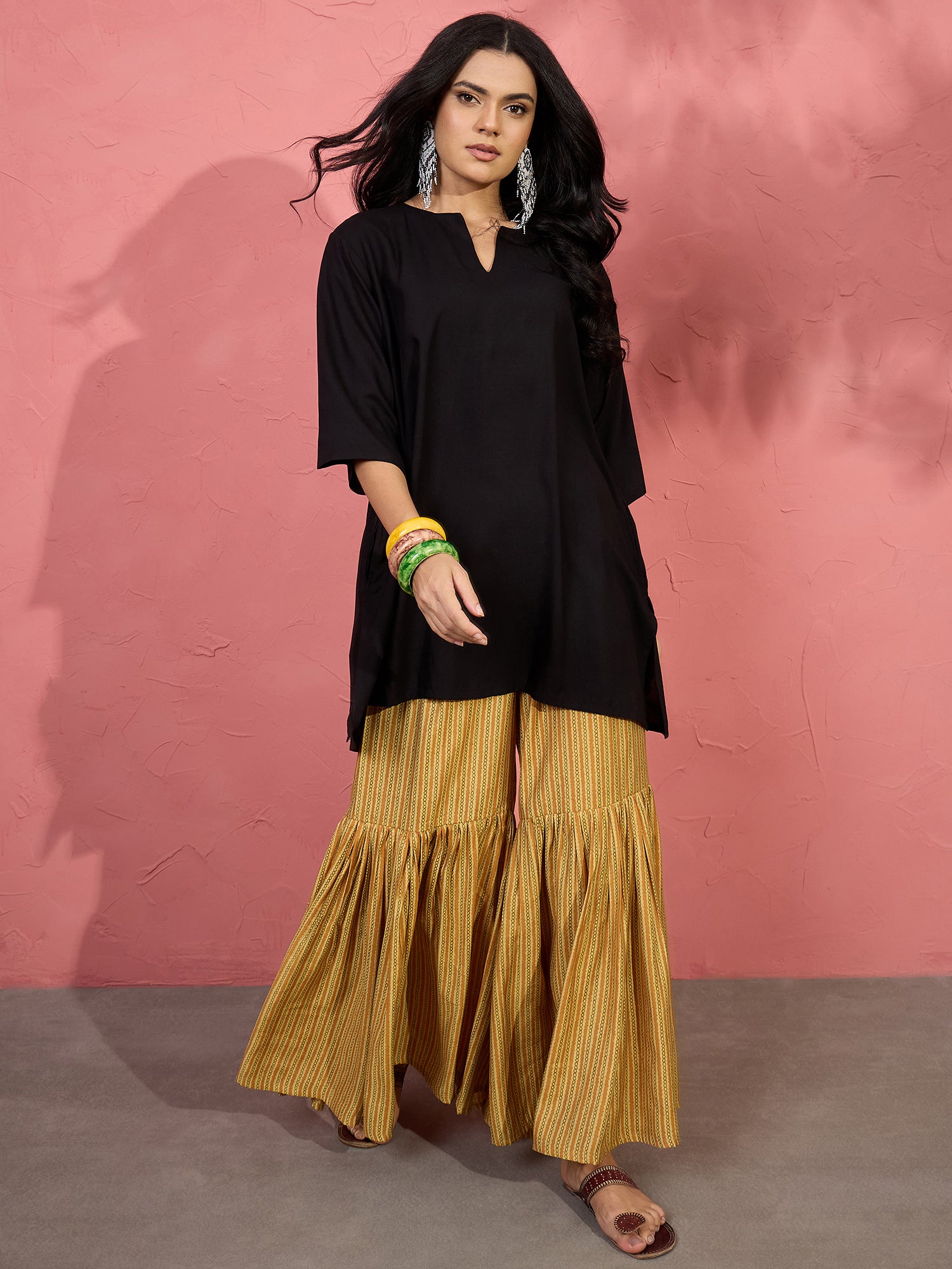 Black V Short Kurti Khaki Sharara Set (To be dispatched in 7 -10 days)