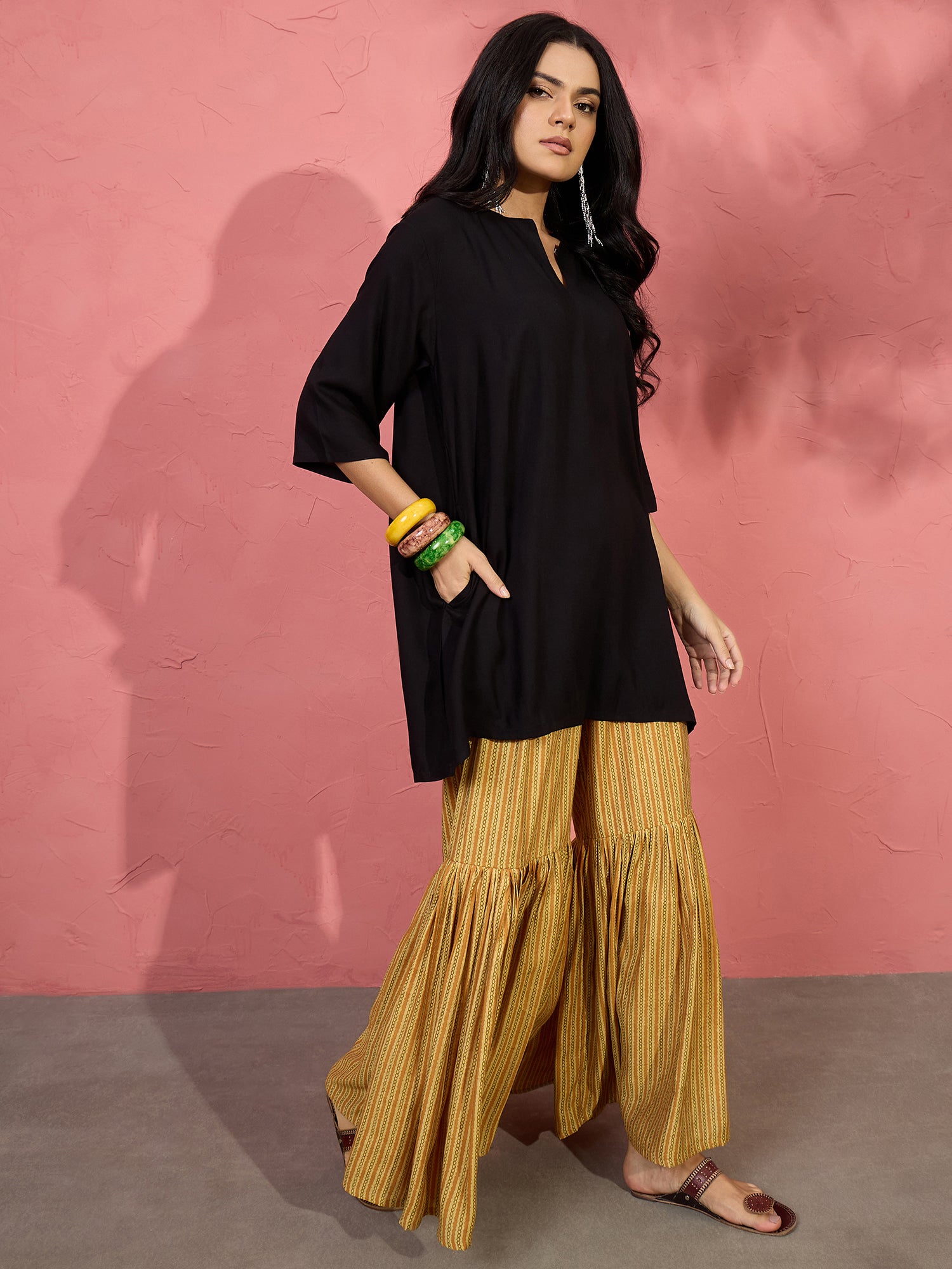 Black V Short Kurti Khaki Sharara Set (To be dispatched in 7 -10 days)