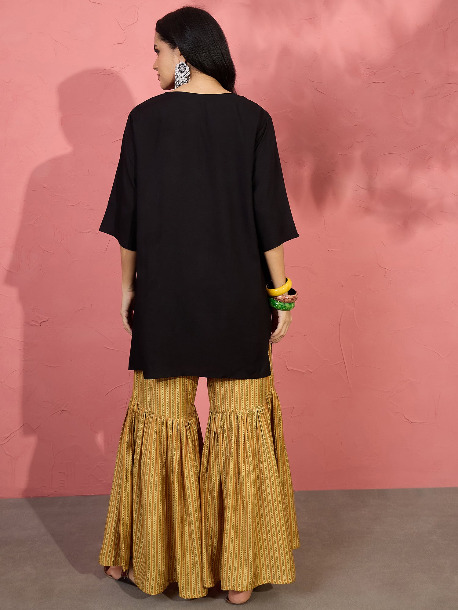 Black V Short Kurti Khaki Sharara Set (To be dispatched in 7 -10 days)