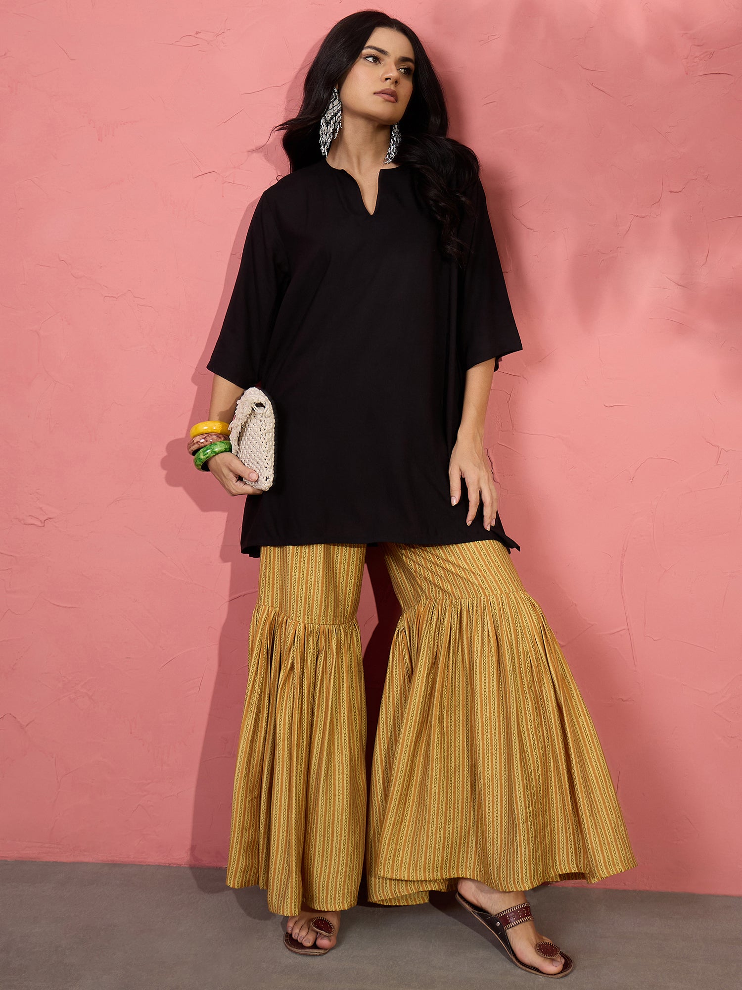 Black V Short Kurti Khaki Sharara Set (To be dispatched in 7 -10 days)