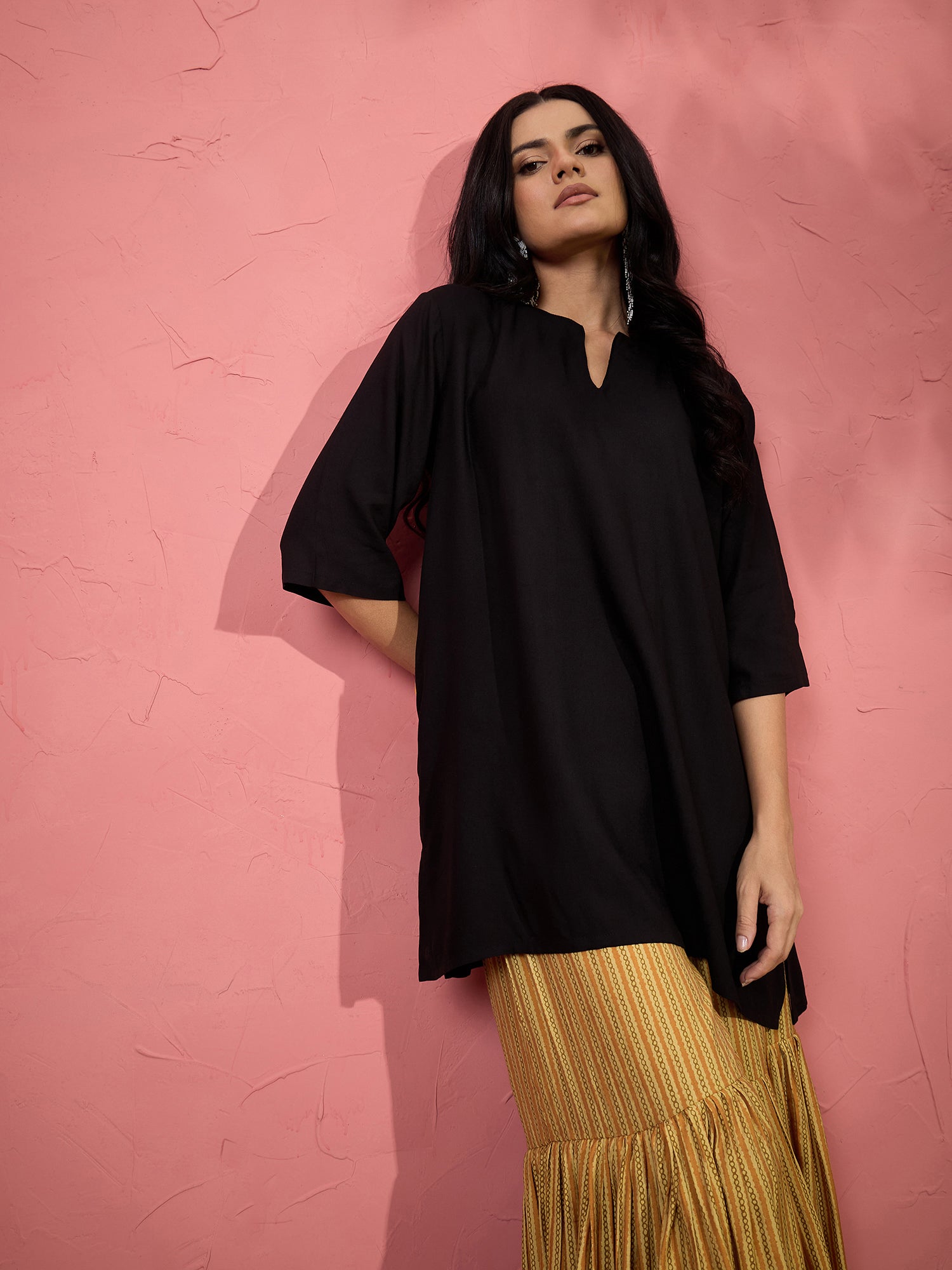 Black V Short Kurti Khaki Sharara Set (To be dispatched in 7 -10 days)