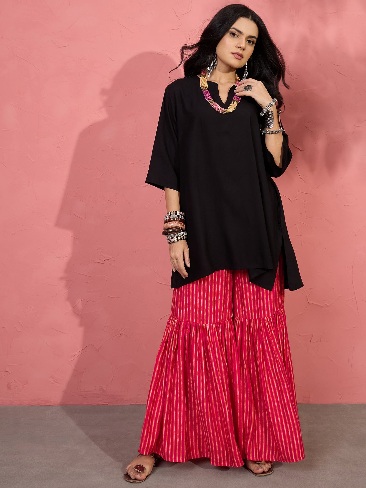 Black V Short Kurti Cherry Sharara Set (To be dispatched in 7 -10 days)