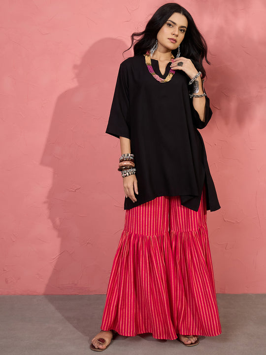 Black V Short Kurti Cherry Sharara Set (To be dispatched in 7 -10 days)
