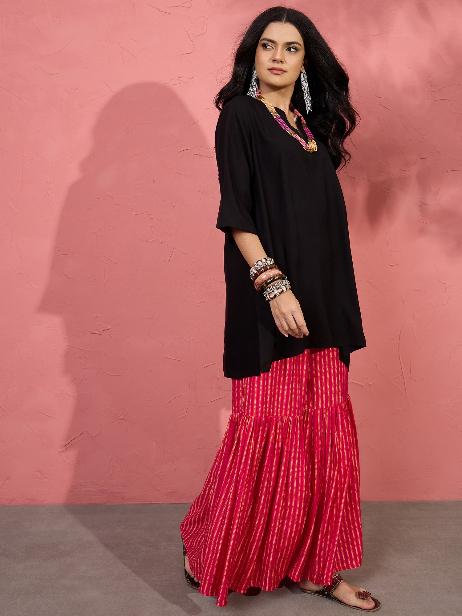 Black V Short Kurti Cherry Sharara Set (To be dispatched in 7 -10 days)