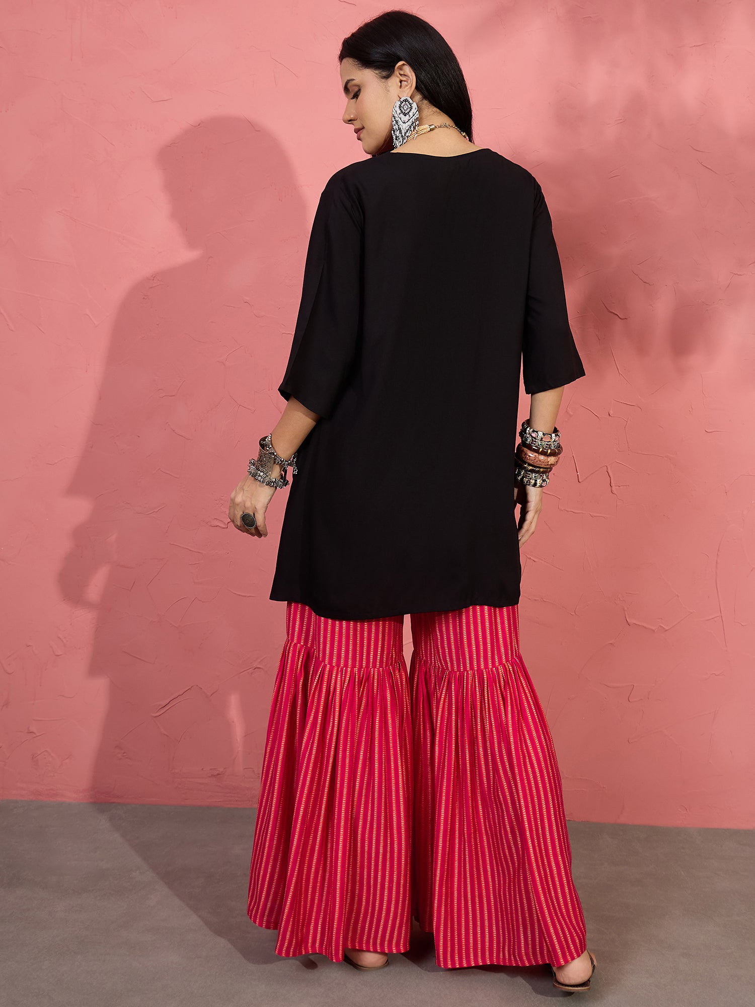 Black V Short Kurti Cherry Sharara Set (To be dispatched in 7 -10 days)