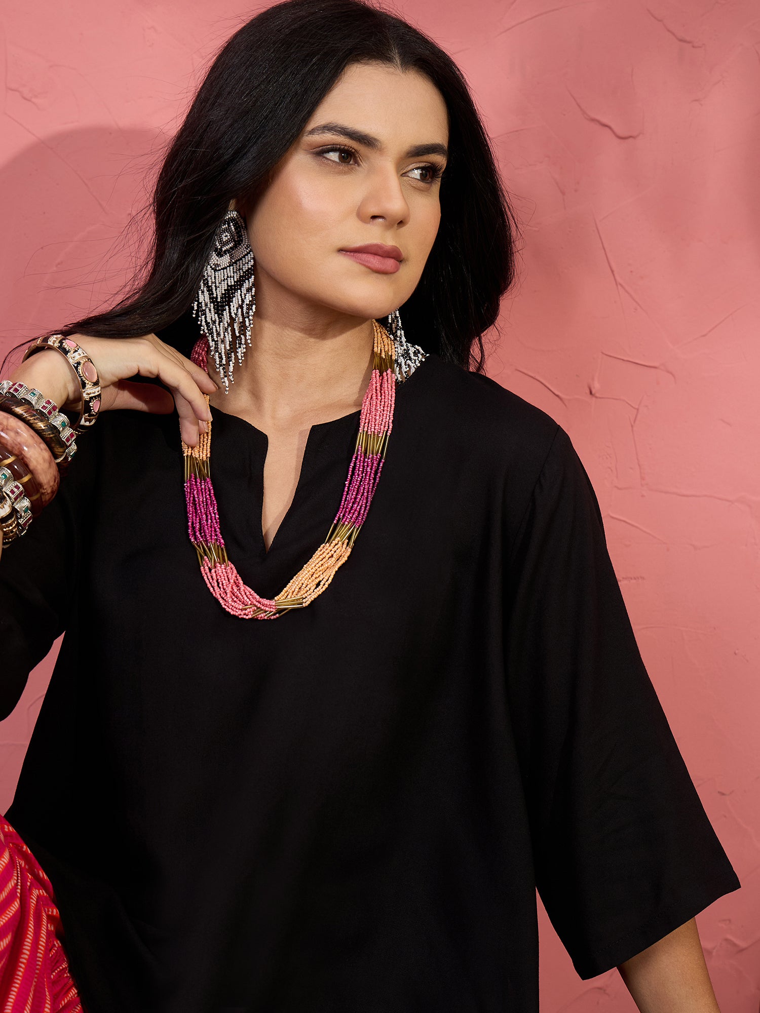 Black V Short Kurti Cherry Sharara Set (To be dispatched in 7 -10 days)