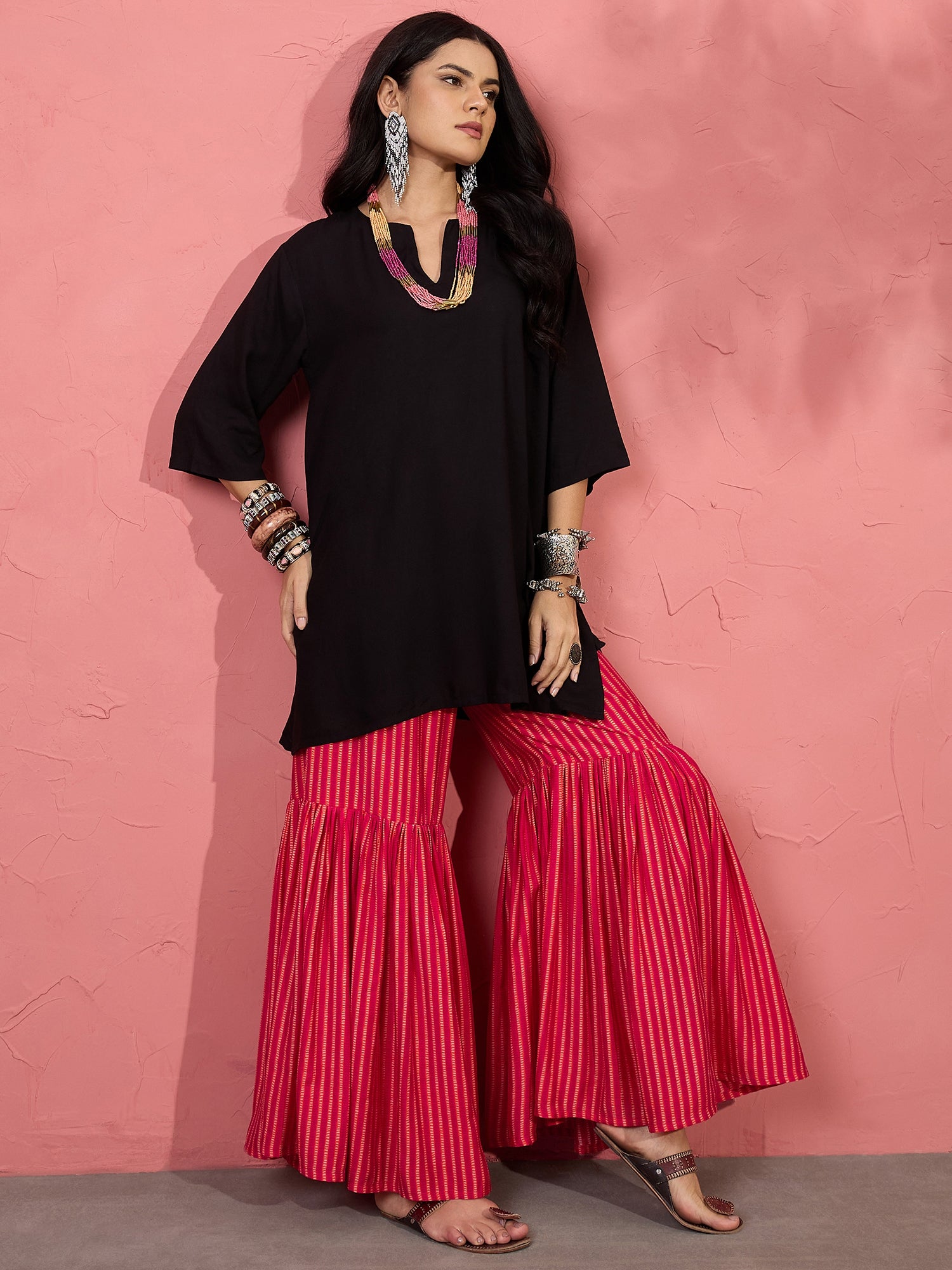 Black V Short Kurti Cherry Sharara Set (To be dispatched in 7 -10 days)