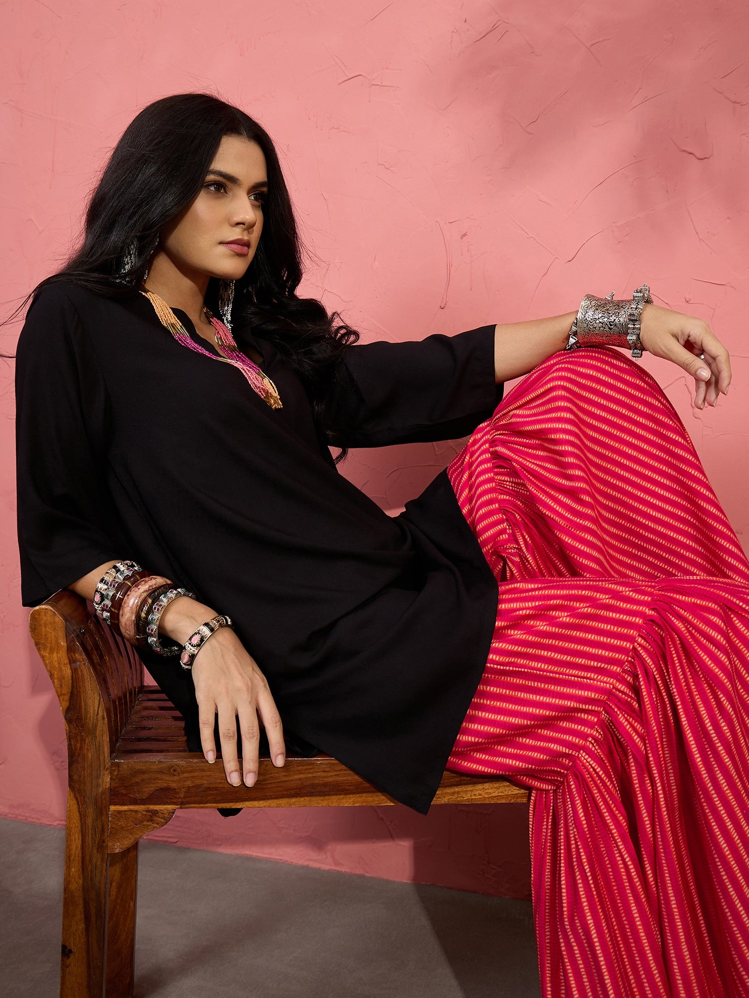 Black V Short Kurti Cherry Sharara Set (To be dispatched in 7 -10 days)