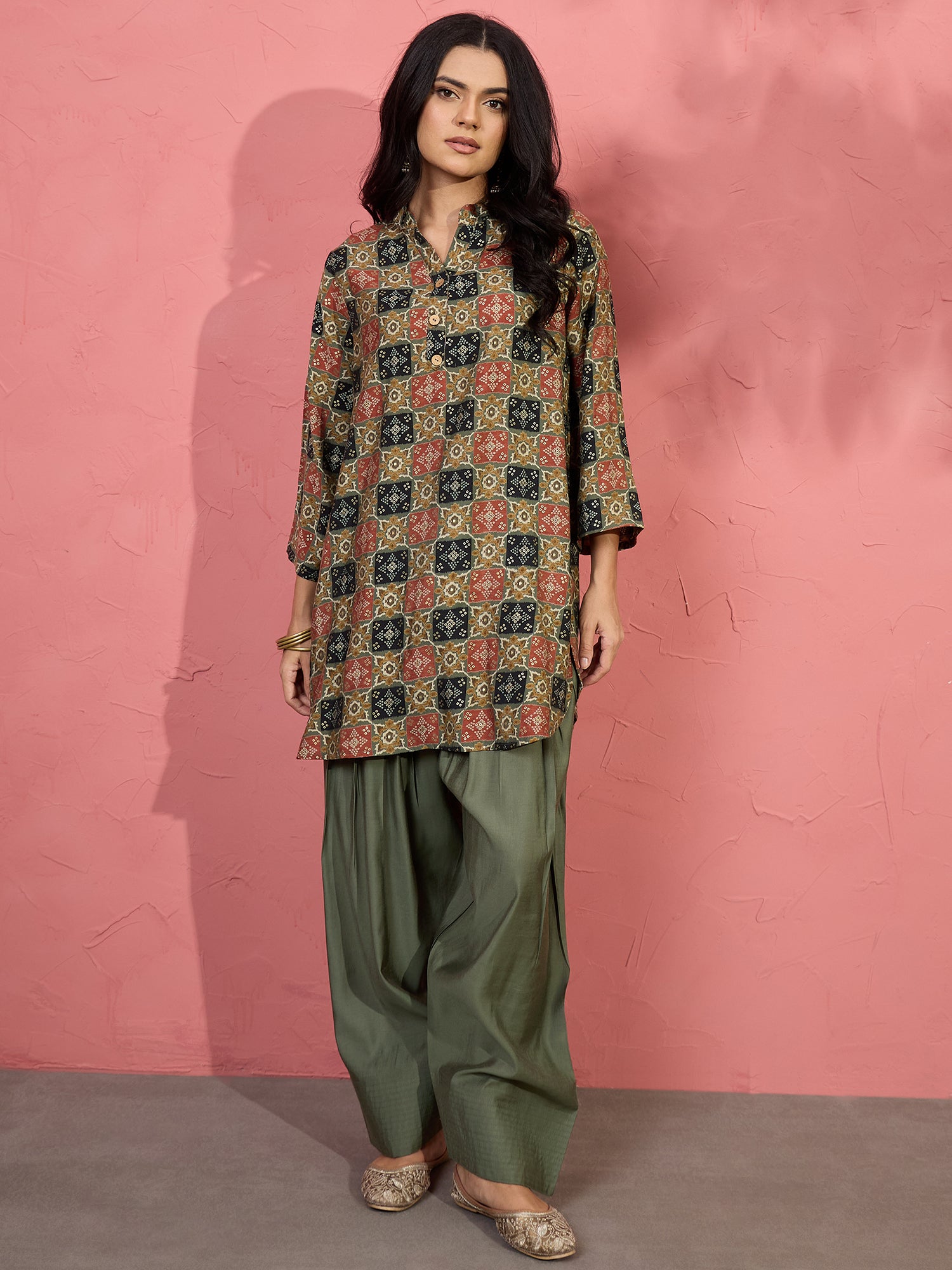 Fern Green Ajrakh Bandhani Salwar Set (To be dispatched in 7 -10 days)