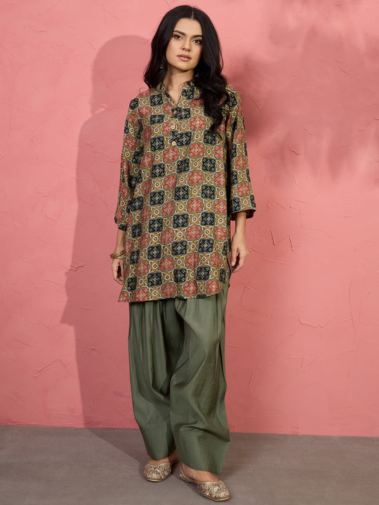Fern Green Ajrakh Bandhani Salwar Set (To be dispatched in 7 -10 days)