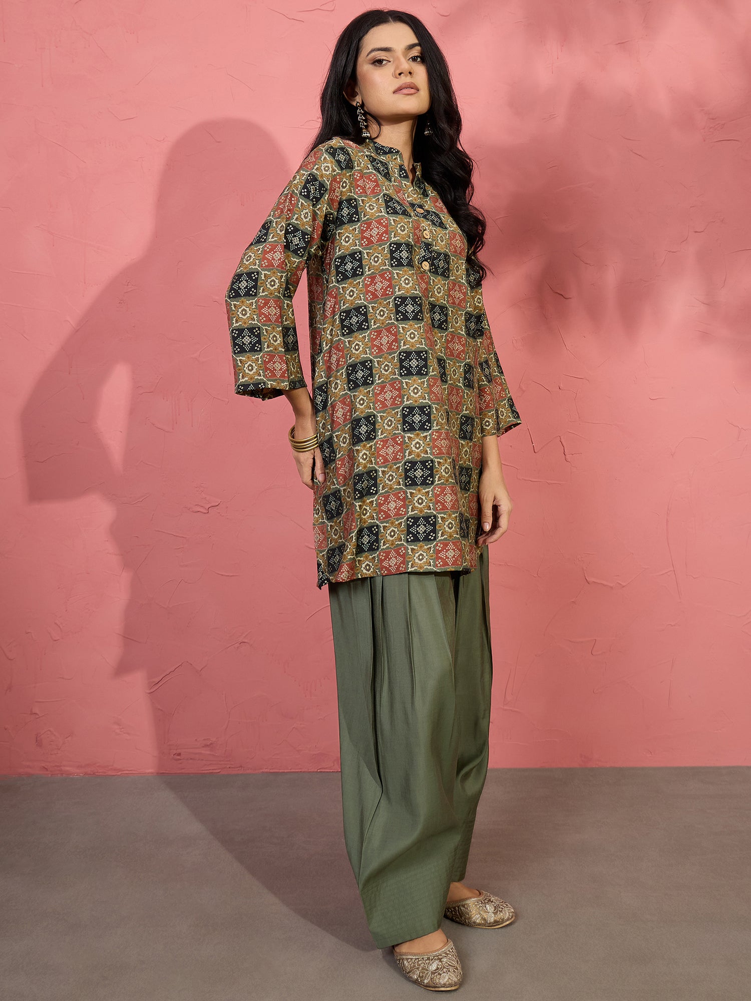 Fern Green Ajrakh Bandhani Salwar Set (To be dispatched in 7 -10 days)