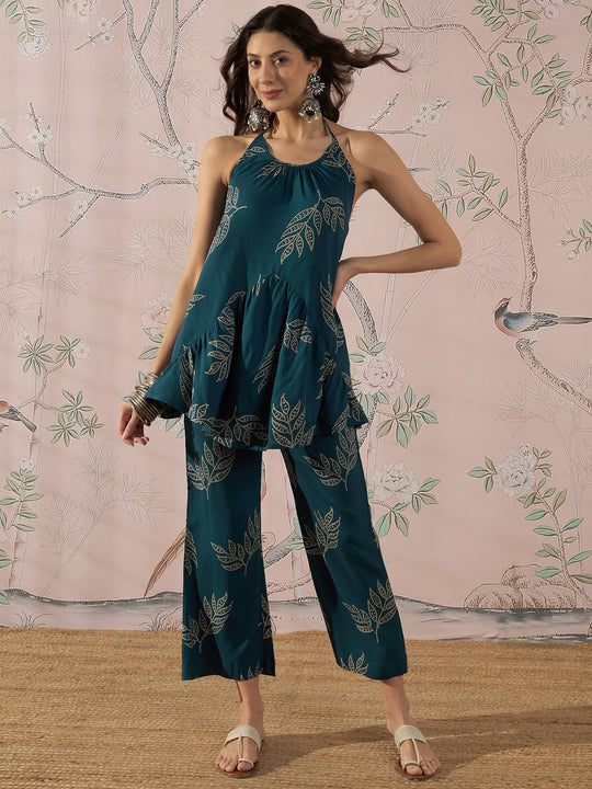 DARK TEAL LEAF HALTER STRAPPY SET