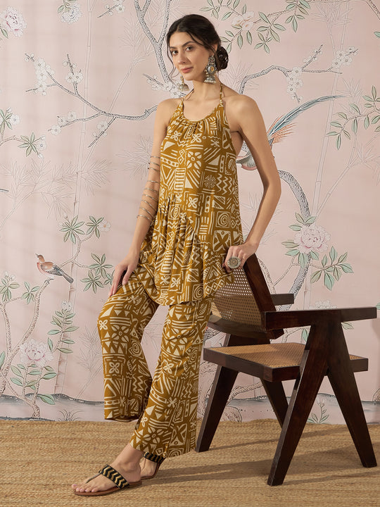 DARK YELLOW ETHNIC HALTER STRAPPY SET