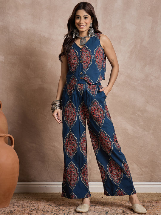 Blue Maroon Print Waistcoat Coord Set