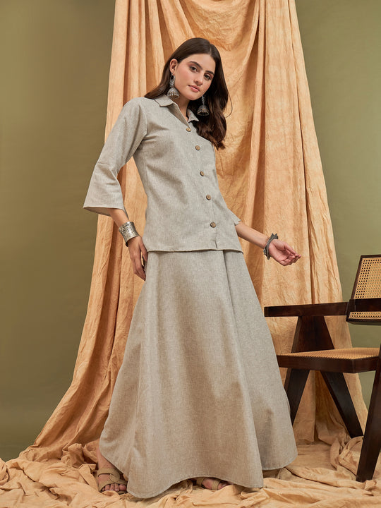 Dull Grey Linen Shirt Skirt Set