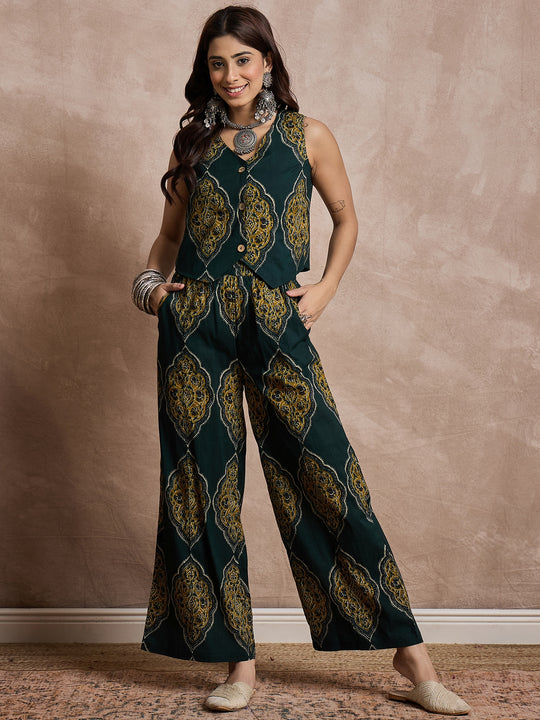 Green Olive Print Waistcoat Coord Set