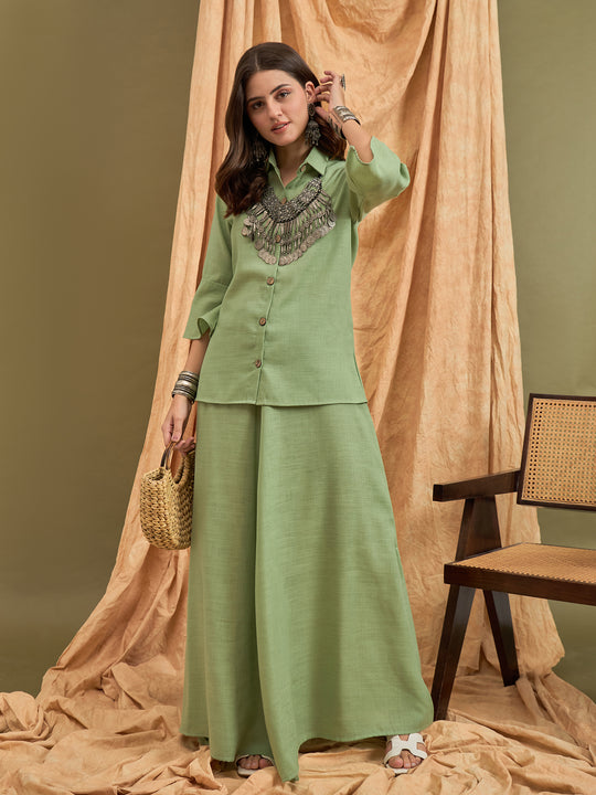 Light Green Linen Shirt Skirt Set