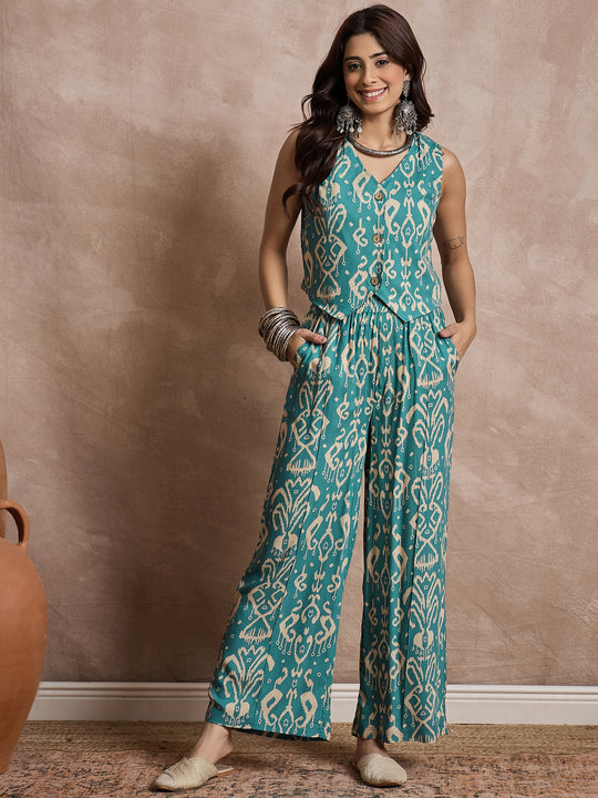 Teal Damask Print Waistcoat Coord Set