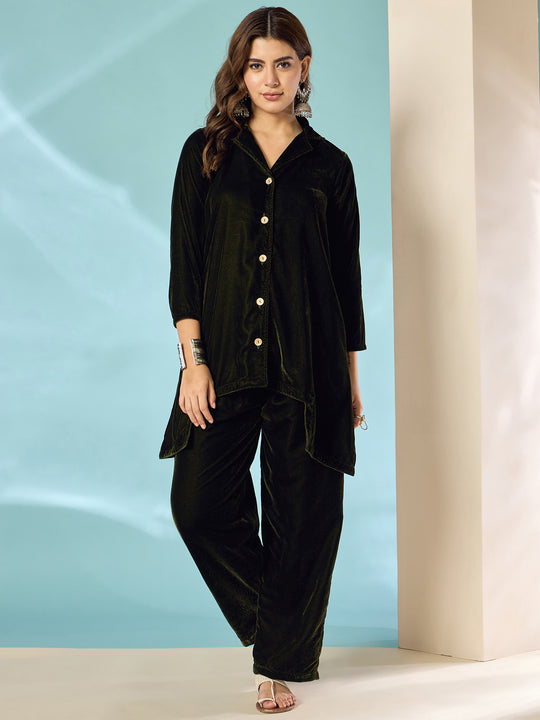 Mehndi Green Velvet Blazzer Coord Set