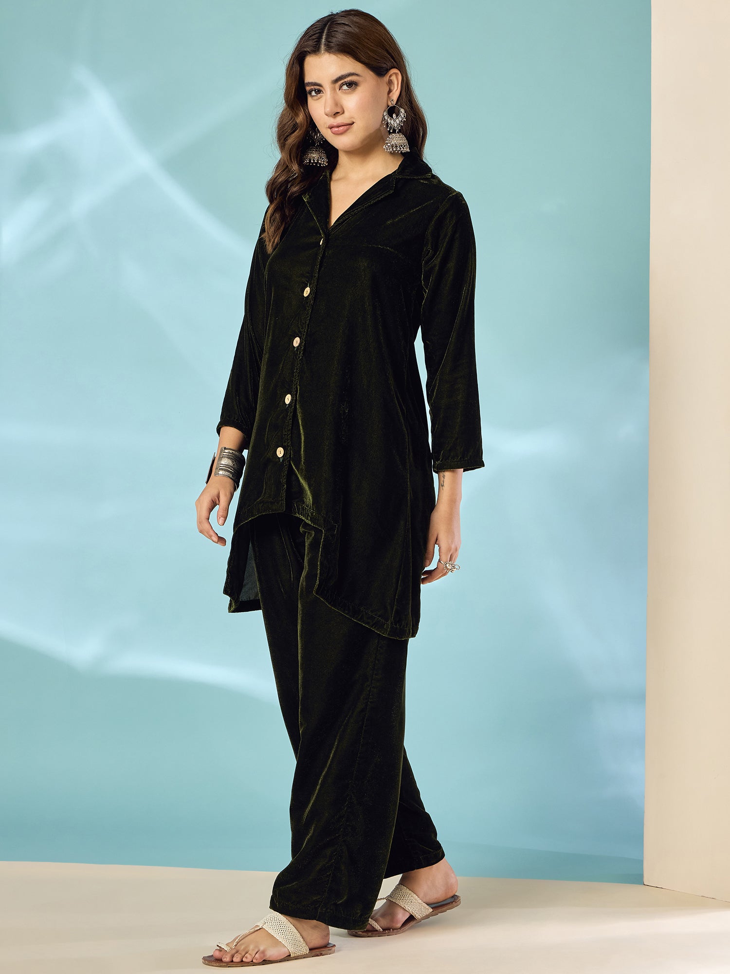 Mehndi Green Velvet Blazzer Coord Set