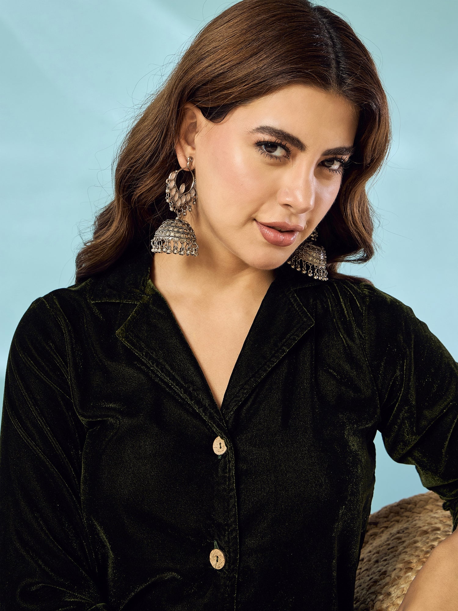 Mehndi Green Velvet Blazzer Coord Set