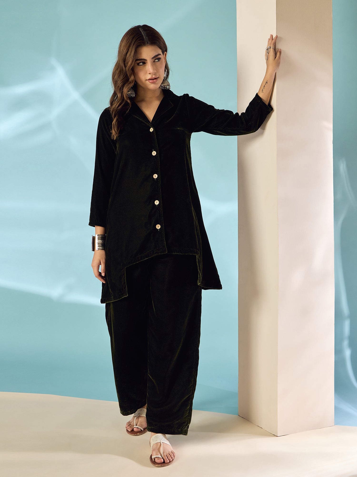 Mehndi Green Velvet Blazzer Coord Set