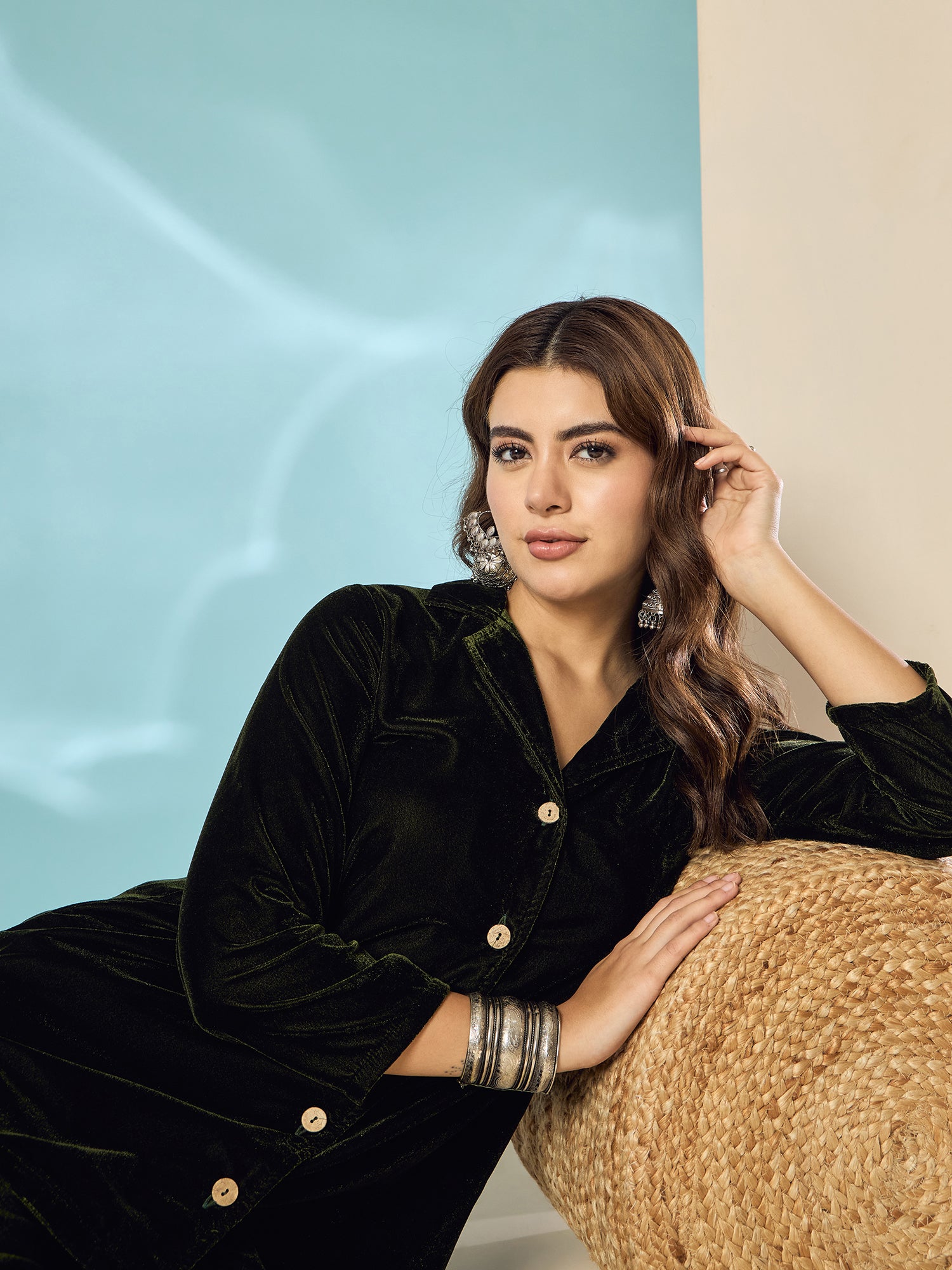 Mehndi Green Velvet Blazzer Coord Set