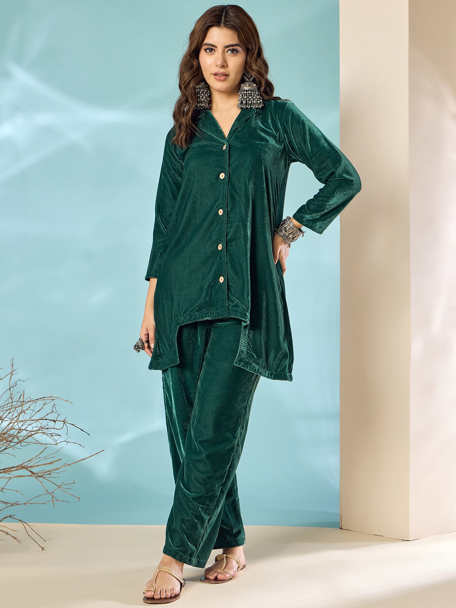 Teal Green Velvet Blazzer Coord Set