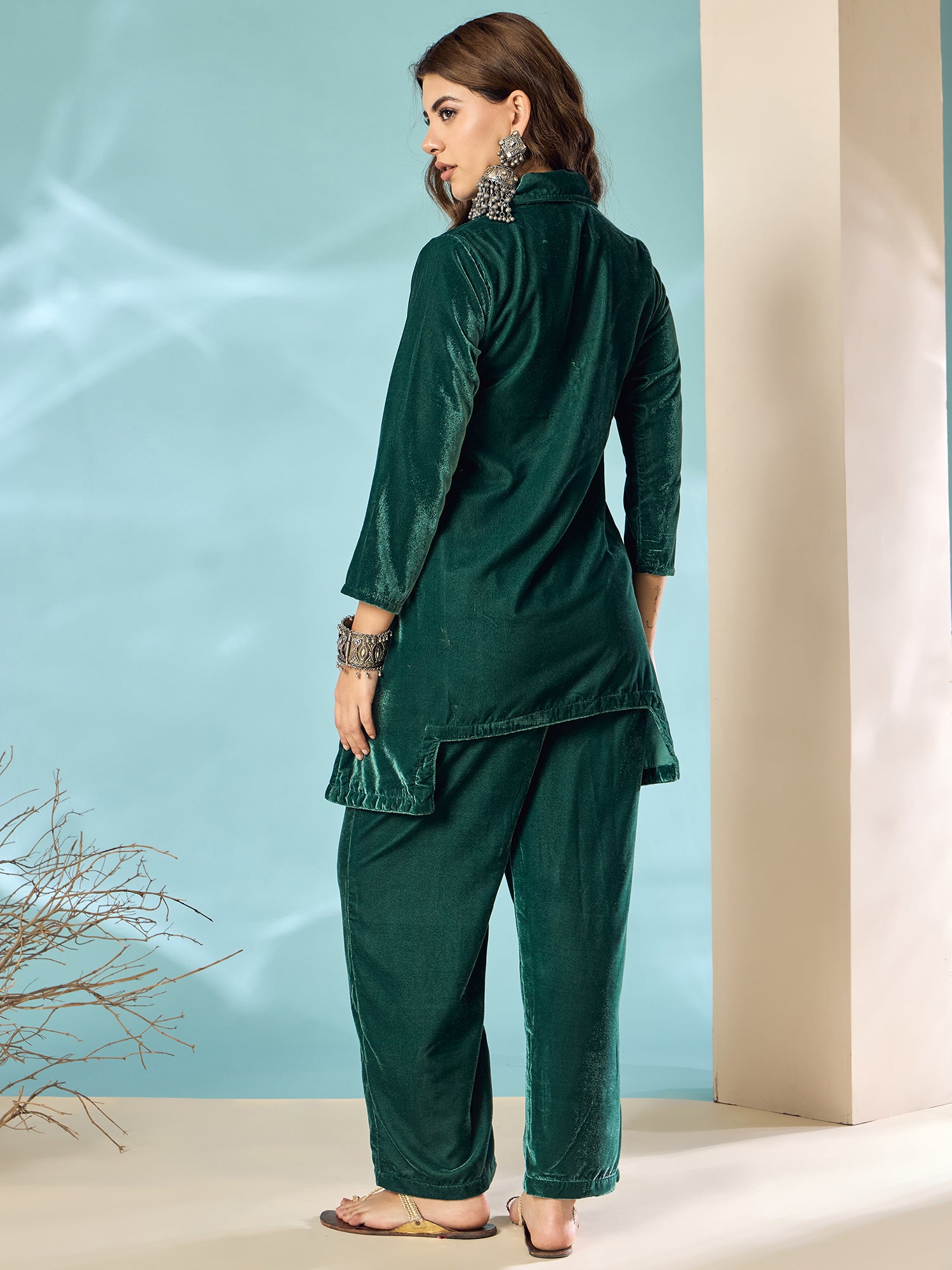 Teal Green Velvet Blazzer Coord Set