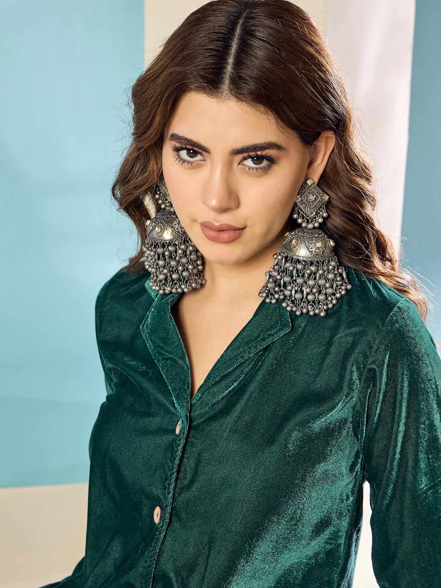 Teal Green Velvet Blazzer Coord Set