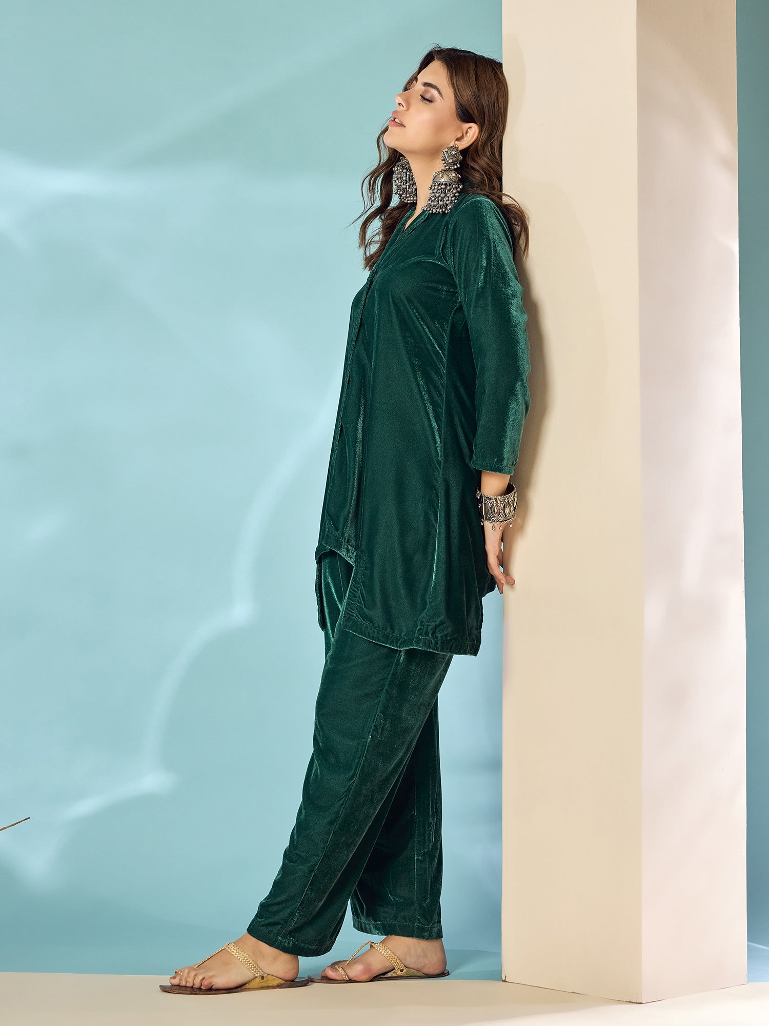 Teal Green Velvet Blazzer Coord Set