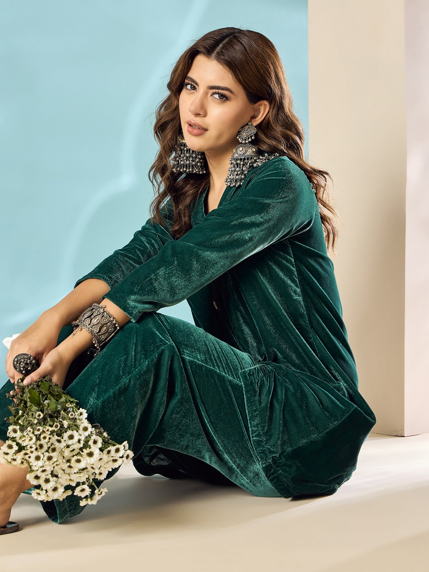 Teal Green Velvet Blazzer Coord Set