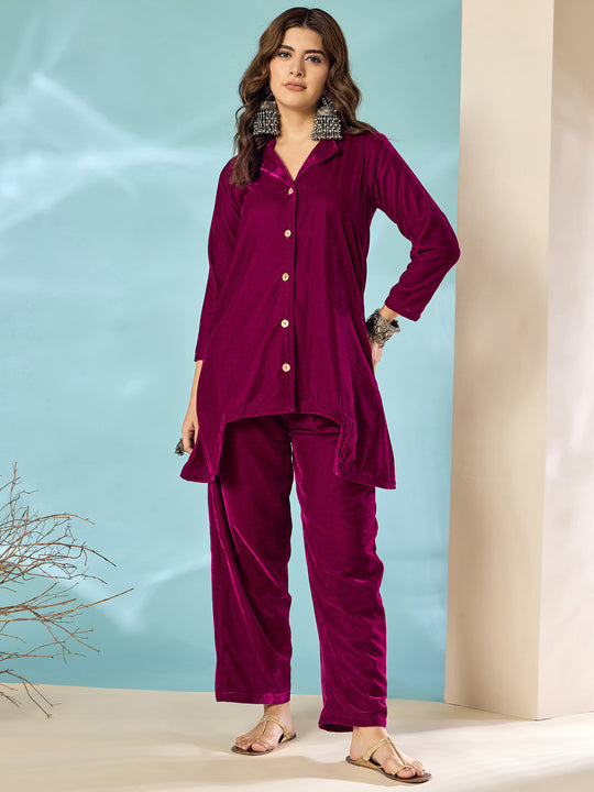 Wine Velvet Blazzer Coord Set