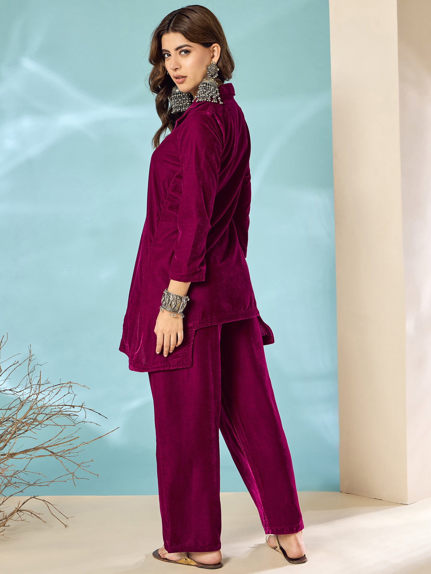 Wine Velvet Blazzer Coord Set