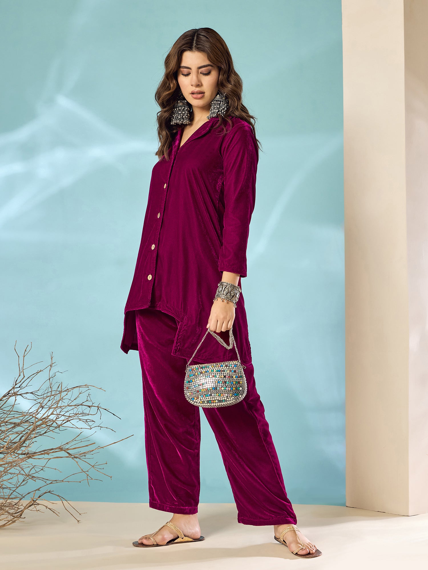 Wine Velvet Blazzer Coord Set