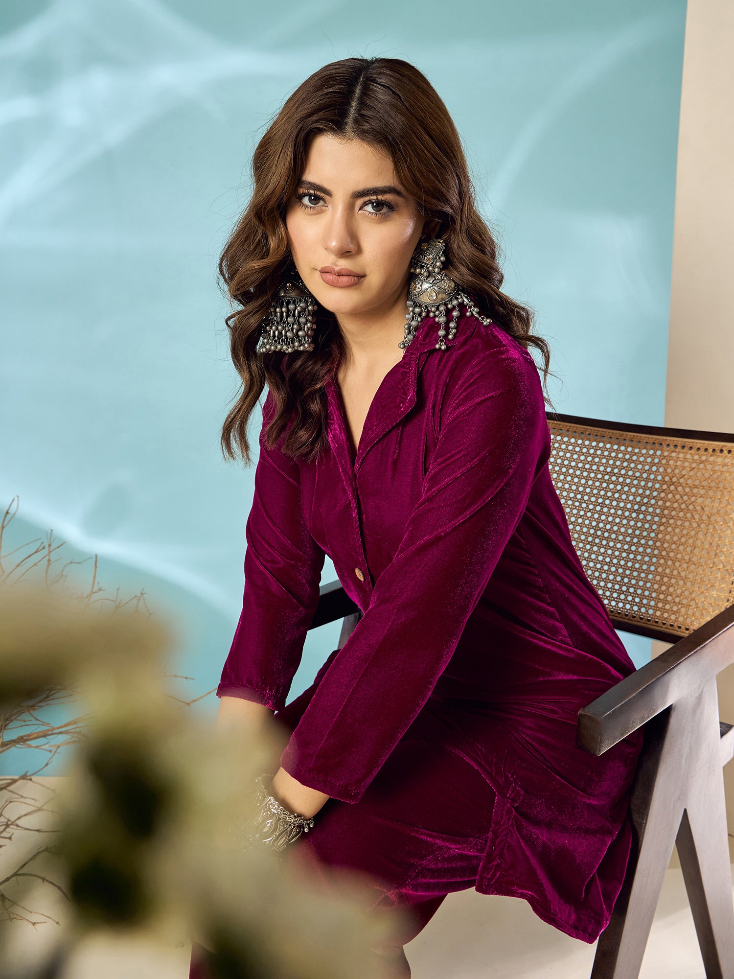 Wine Velvet Blazzer Coord Set